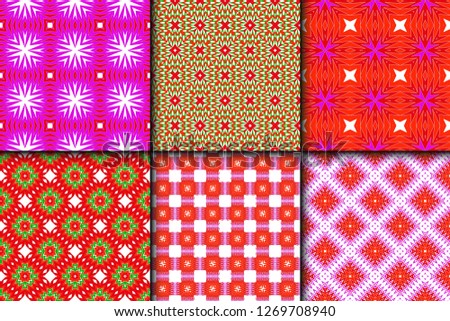 Set of Bright And Colorful Backgrounds Or Digital Papers. Backdrop. Vector Illustration. For Design, Wallpaper, Fashion, Print. Seamless Pattern With Abstract Geometric Style. Red, green color.