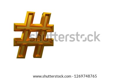 Hashtag sign in gold color isolated on white background. 3d rendering.