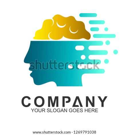 fast think, quick brain, head with fast motion brain creative logo template