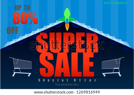 rocket launch super sale up to 80% end of season special offer dark blue tone vector illustration eps10