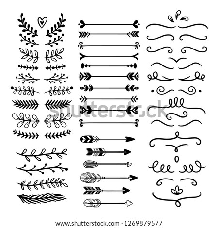 Flower ornament dividers. Hand drawn vines decoration, floral ornamental divider and sketch leaves ornaments. Ink flourish and arrow decorations dividers victorian doodles isolated vector icons set