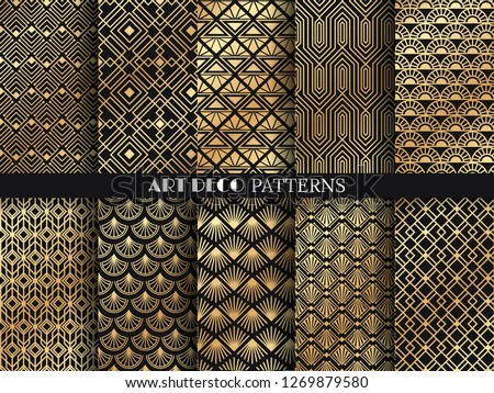Art deco pattern. Golden minimalism lines, vintage geometric arts and deco line ornate. Geometrics gold minimal ornaments seamless gatsby elegant abstract luxury patterns vector set
