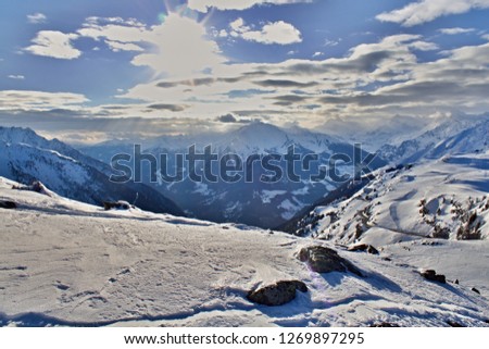 Ratschings, Alps, Italy, 2018: Panoramic view of deep valley and mountain peaks in the background, photo taken in winter sunny day at sunset