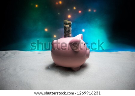 Merry Christmas and happy New year. Chinese new year of the Pig, symbol 2019 for greetings card. soft selective focus. Toy pig in the branches of spruce. Pink pig on snow. Selective focus.