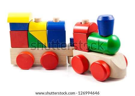 Colorful wooden toy train isolated on white background Royalty-Free Stock Photo #126994646