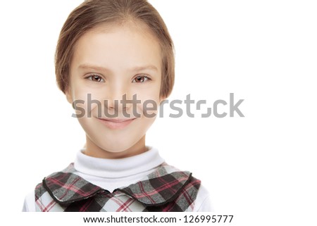 Close-up portrait of beautiful smiling young girl, isolated on white background.