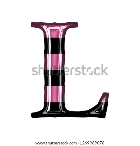 Fun pink color striped glass letter L in a 3D illustration with a shiny glass effect with pink & black stripes in a loose elegant ont on white with clipping path