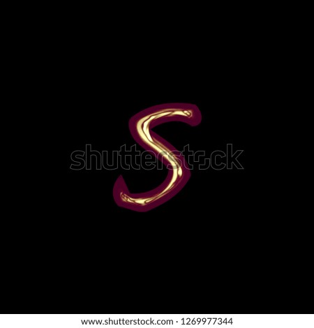 Shiny colorful golden red letter S (lowercase) in a 3D illustration with a glossy gold red color and smooth surface in a thin handwritten font on a black background with clipping path