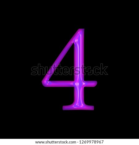 Glowing neon purple glass number four 4 in a 3D illustration with a shiny bright purple glow & libertine font type style isolated on black background with clipping path