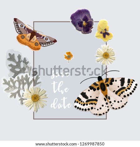 Design card with butterflies and flowers. Watercolot style clip art