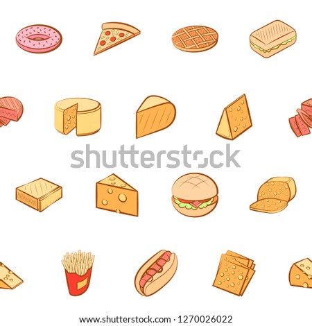 American food and Cheeses set. Background for printing, design, web. Usable as icons. Seamless. Colored.