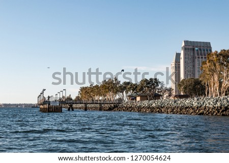 People fish on the pier at Embarcadero Marina Park South, with a view of local hotels lining the San Diego harbor.  