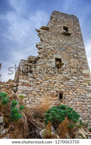 Greece Vatheia village. Scenic view of old abandoned historical tower houses in Vathia Mani Peninsula, Laconia Peloponnese Europe