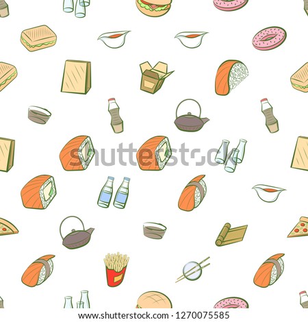 American food and Japanese food set. Background for printing, design, web. Usable as icons. Seamless. Colored.
