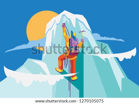 Mountaineer celebrates the conquest of the summit. Nice for travel poster, greeting card, infographic element and stamp. on vector illustration eps.10
