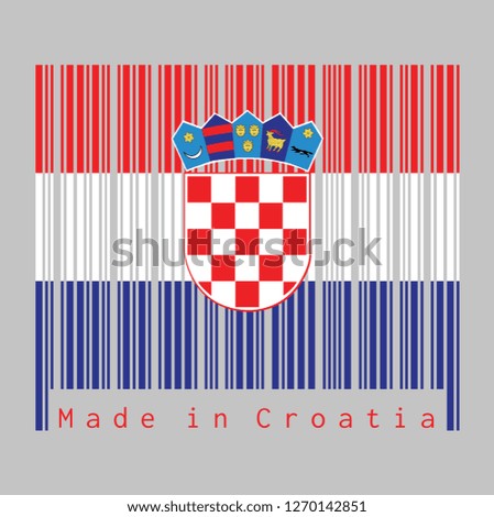 Barcode set the color of Croatia flag, red, white, and blue with the Coat of Arms of Croatia on grey background, text: Made in Croatia. concept of sale or business.