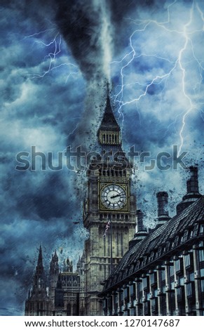 Tornado on Westminster Abbey - Dramatic Weather on City, tornado and lighting in England, creative picture