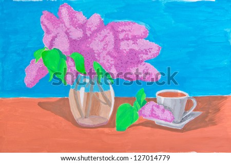 lilac with tea. still life watercolor sketch
