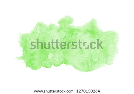 Abstract watercolor background image with a liquid splatter of aquarelle paint, isolated on white. Green tones