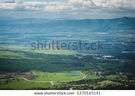 Landscape view of the The Hula Valley in northern part of the Golan Heights. An agricultural region in northern Israel. National park, Israel