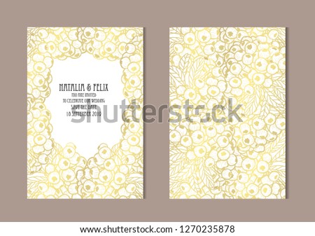 Elegant golden cards with rowan berries, design elements. Can be used for wedding, baby shower, mothers day, valentines day, birthday, rsvp cards, invitations, greetings. Golden template background