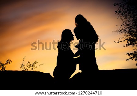 silhouette of happy family of three and pregnant mother