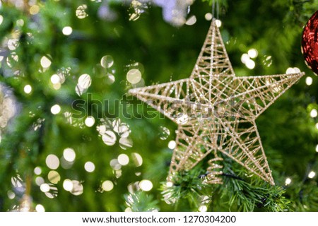 Beautiful Decorated Christmas tree on blurred background, New Year's holidays or Christmas holidays.