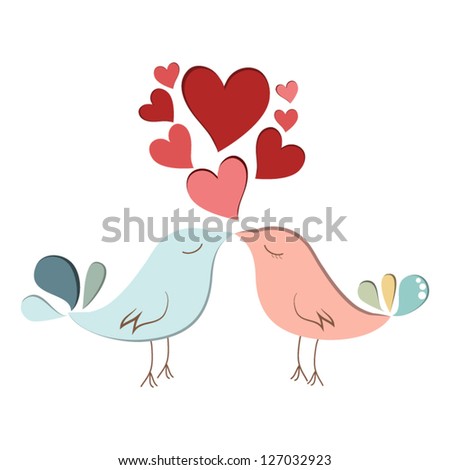 Two cute bird lovers on pink hearts shaped