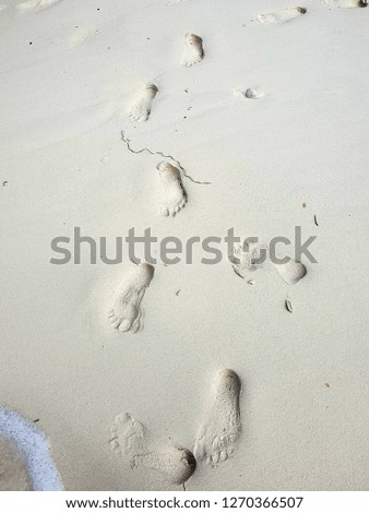 Human footprints walking on white sand beach background