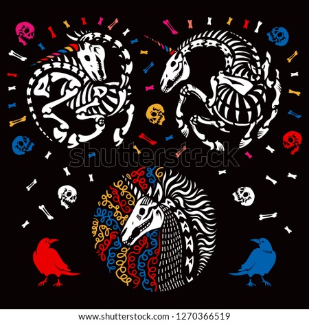 Set of party unicorn skeletons. Unicorns dance among skulls and bones. Great for greeting cards, halloween party invitations, t-shirt printing and more. Halloween illustration.
