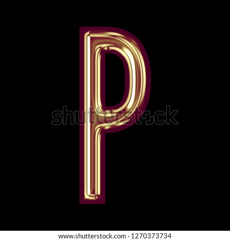 Colorful pink gold letter P in a 3D illustration with a shiny golden red style with glossy highlights in a gothic style font on a black background with clipping path