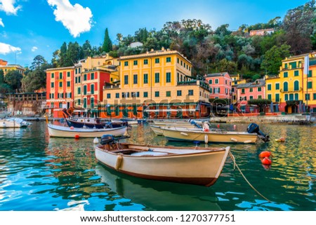 Panoramic view of italian city Portofino in Liguria, Italy Royalty-Free Stock Photo #1270377751