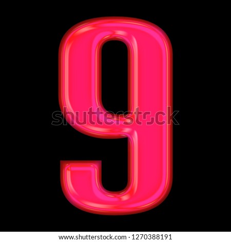 Glowing neon pink glass number nine 9 in a 3D illustration with a shiny bright pink glow and rounded bold font type style isolated on black background with clipping path