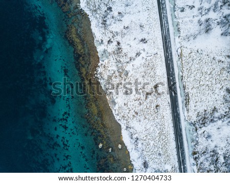 Aerial view at the Lofoten islands, Norway in winter time