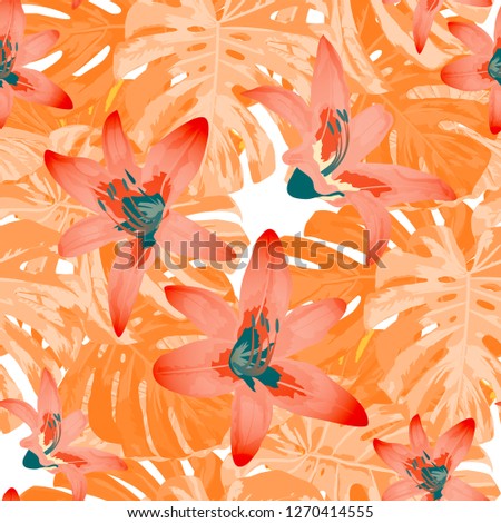Philippine Flowers. Seamless Pattern with Brasilian Rainforest. Trendy Texture with Exotic Leaves and Flowers for, Underwear, Fabric, Swimwear. Vector Seamless Pattern with Philippine Flowers