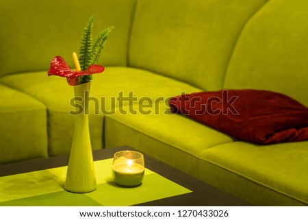 Green vase with red flower, fern and candle. Green sofa in the background. Home design, decoration, living room 