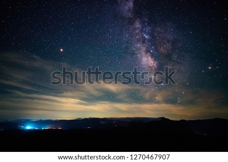 Milky way and Mars (close approach in 2018) over the Hiruzen plateau in Okayama, Japan.