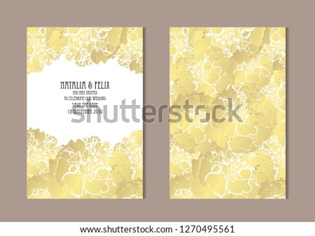Elegant golden cards with marigold flowers, design elements. Can be used for wedding, baby shower, mothers day, valentines day, birthday, rsvp cards, invitations, greetings. Golden template background