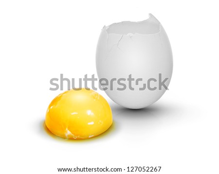 White cracked egg with egg yolk, very clean on white background with shadow