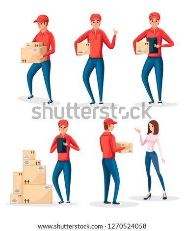 Character collection - the delivery man in different situations. Cardboard boxes. Courier in red uniform. Cartoon character design. Flat vector illustration isolated on white background.