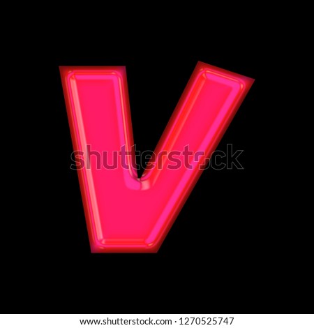 Glowing neon pink glass letter V in a 3D illustration with a shiny bright pink glow and fun curly font type style isolated on black background with clipping path