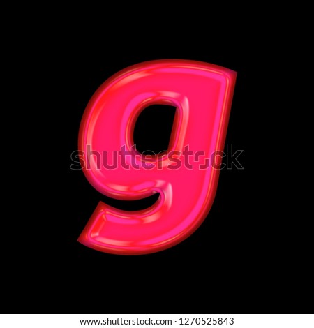 Glowing neon pink glass letter G (lowercase) in a 3D illustration with a shiny bright pink glow and fun curly font type style isolated on black background with clipping path