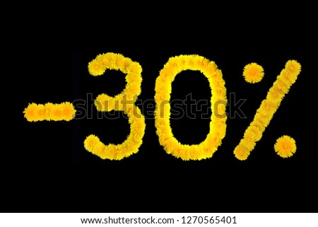 30 percent discount, symbol. Figures from dandelion flowers on a black background. - 30 %