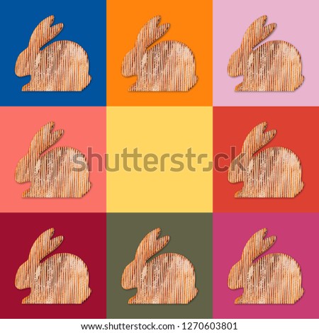 Happy Easter. Wooden shabby decorative Easter Bunny collage background, minimal design. Fashionable Spring Summer 2019 Color Palette - Fiesta, Jester Red, Turmeric, Living Coral, Pink Peacock, Pepper 