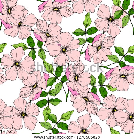 Pink rosa canina. Floral botanical flower. Wild spring leaf wildflower isolated. Engraved ink art. Seamless background pattern. Fabric wallpaper print texture.