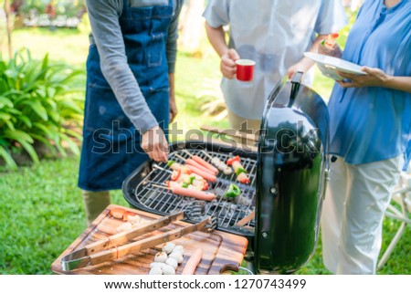 Group of mature middle aged have picnic party in green park cooking BBQ