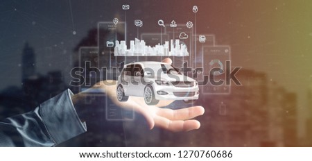 View of Businessman holding Dashboard smartcar interface with multimedia icon and city map on a background 3d rendering