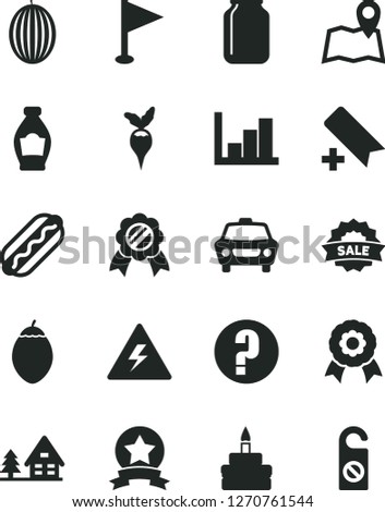 Solid Black Vector Icon Set - danger of electricity vector, add bookmark, pennant, negative histogram, question, car, Hot Dog, birthday cake, bottle, melon, tamarillo, radish, jar, sale, medal, map