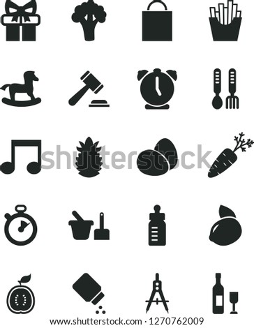 Solid Black Vector Icon Set - paper bag vector, hammer of a judge, feeding bottle, baby powder, toy sand set, iron fork spoons, small rocking horse, alarm clock, eggs, French fries, yellow lemon