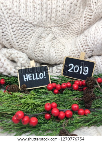 new year 2019 flatlay on knitted background